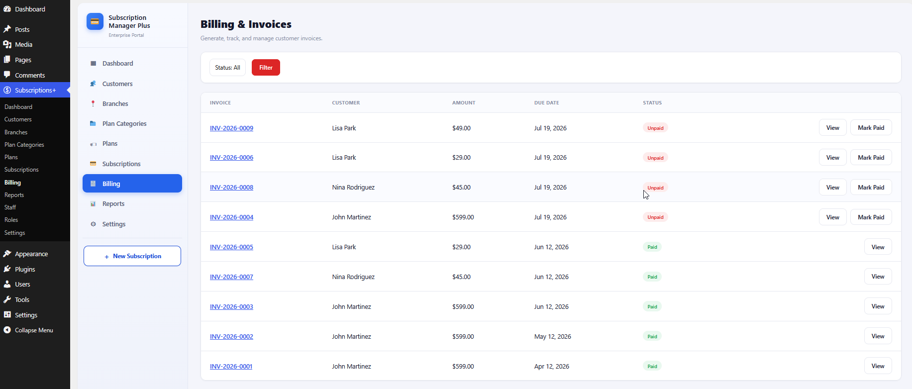 Billing and Invoices list