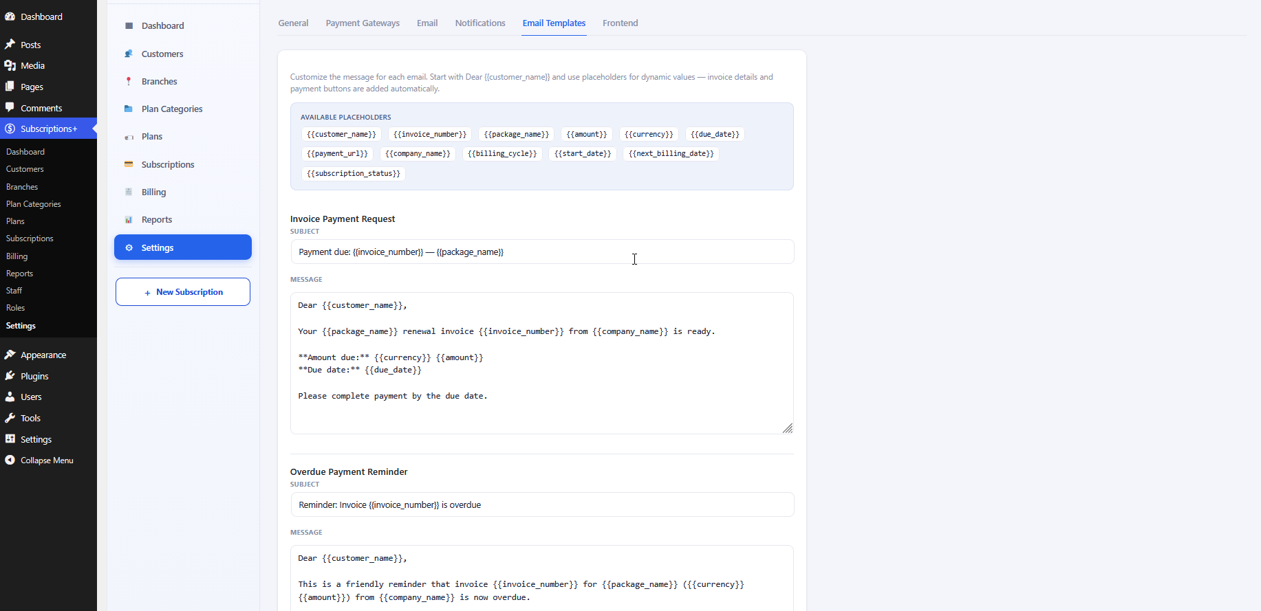 Email Templates settings