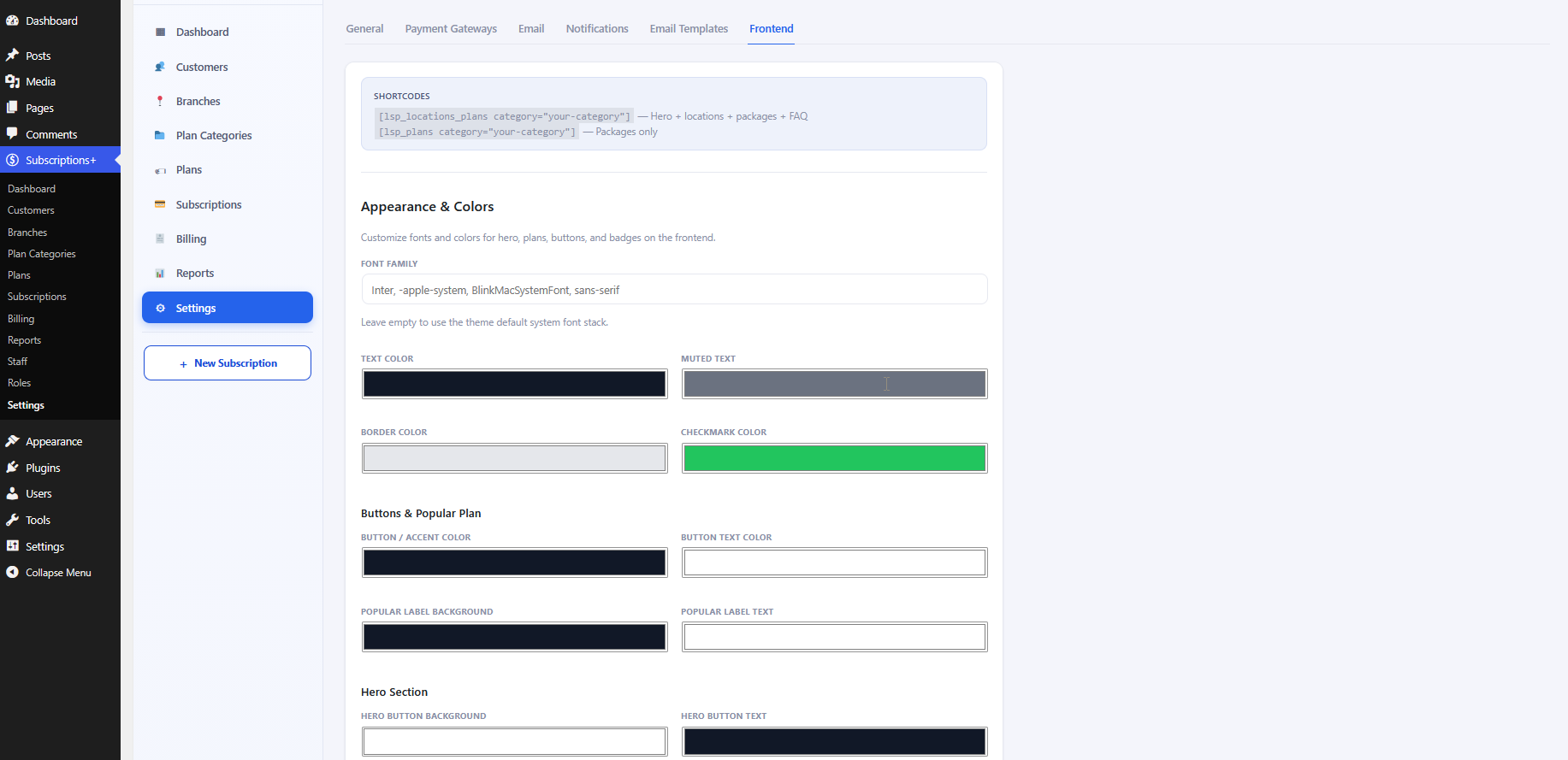 Frontend settings