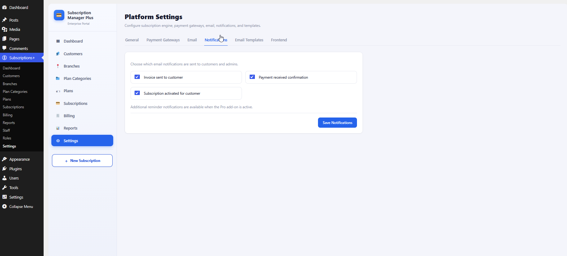 Notifications settings