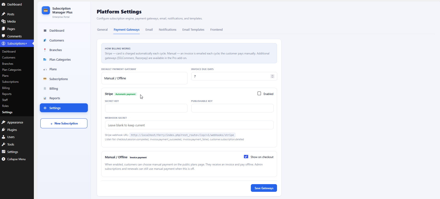 Payment Gateways settings