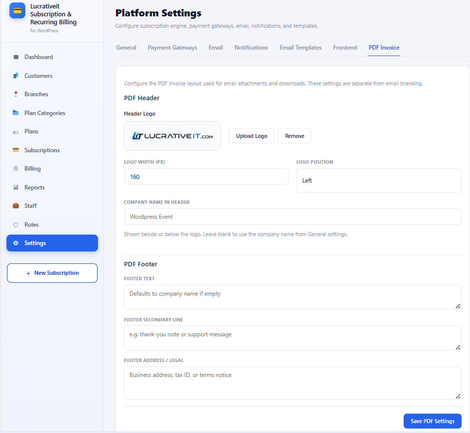 Pro PDF invoice settings