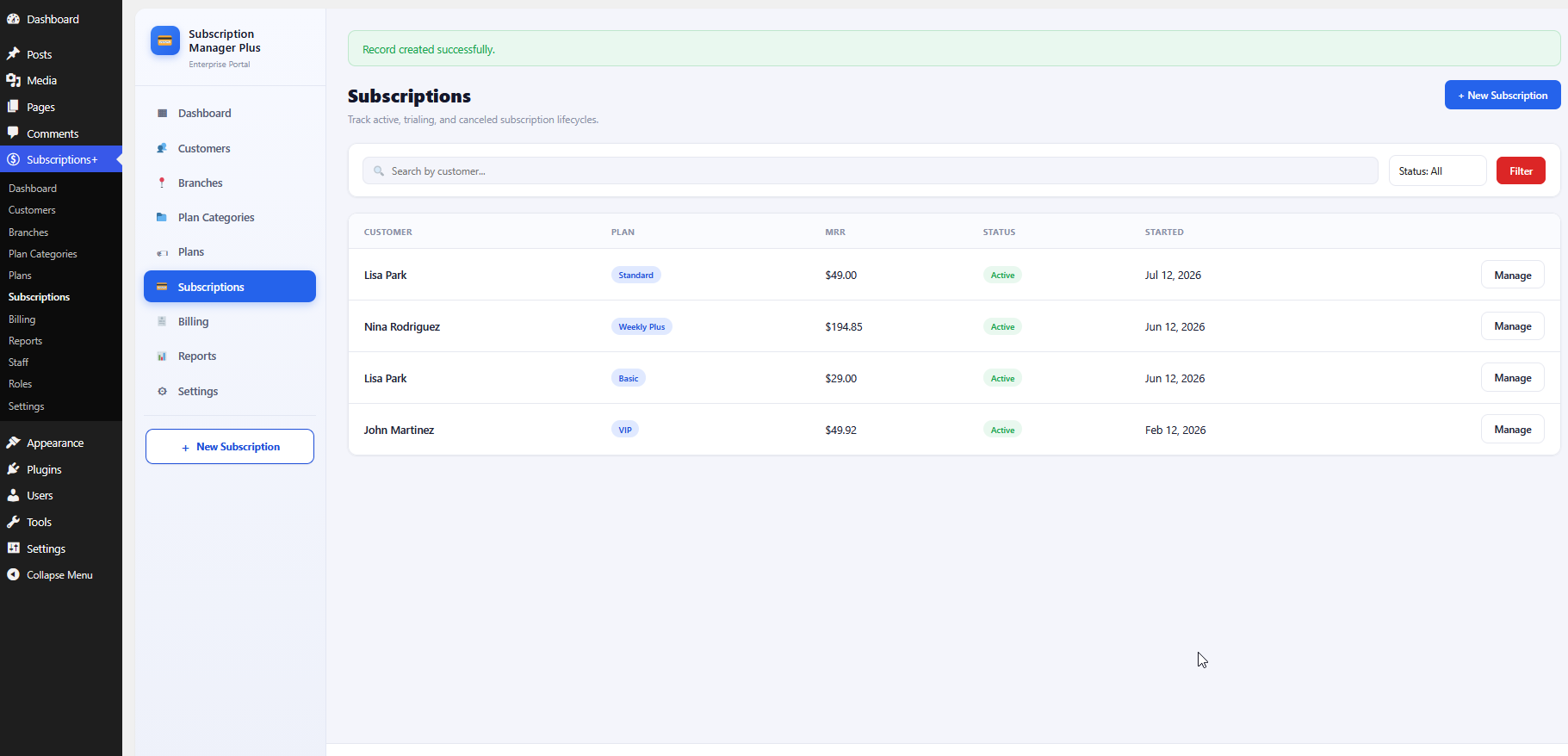 Subscriptions list