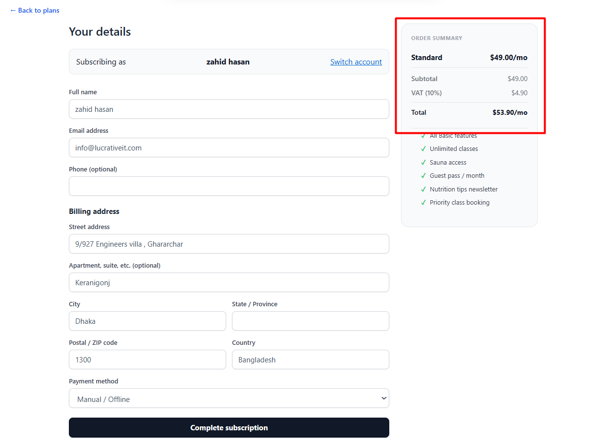 Checkout order summary with tax