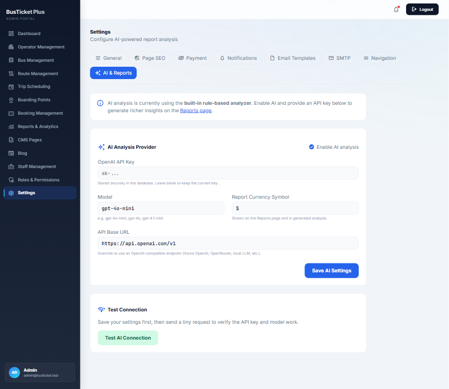 AI and reports settings with OpenAI configuration