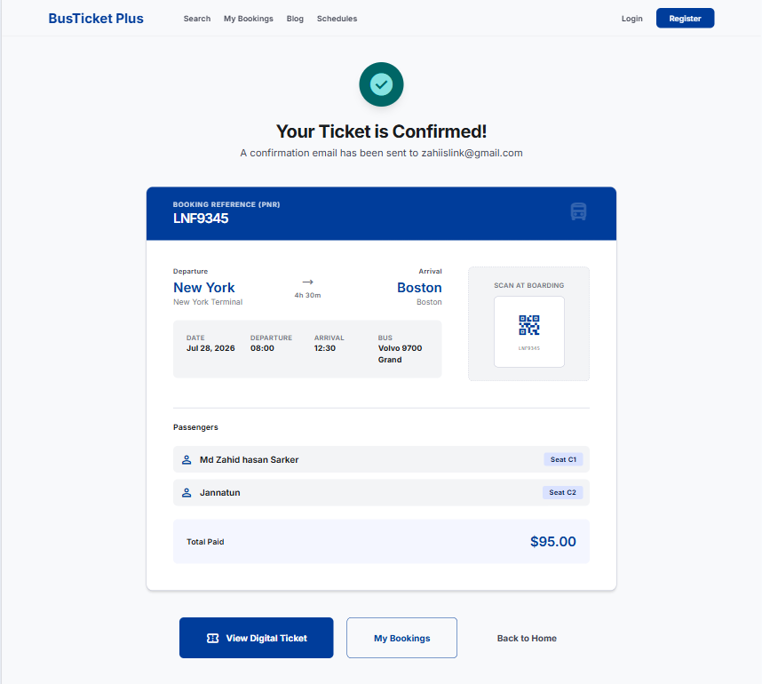 Booking confirmation with PNR and QR code