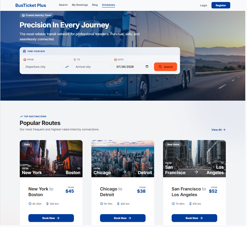 BusTicket Plus customer homepage with search widget