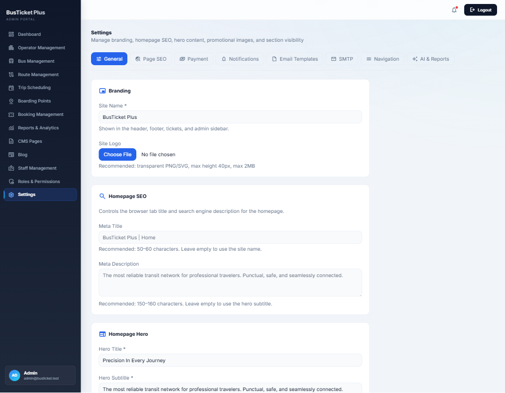 General branding and homepage settings
