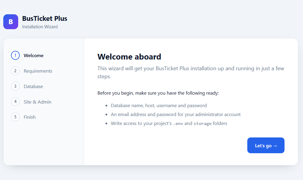 BusTicket Plus installation wizard welcome step