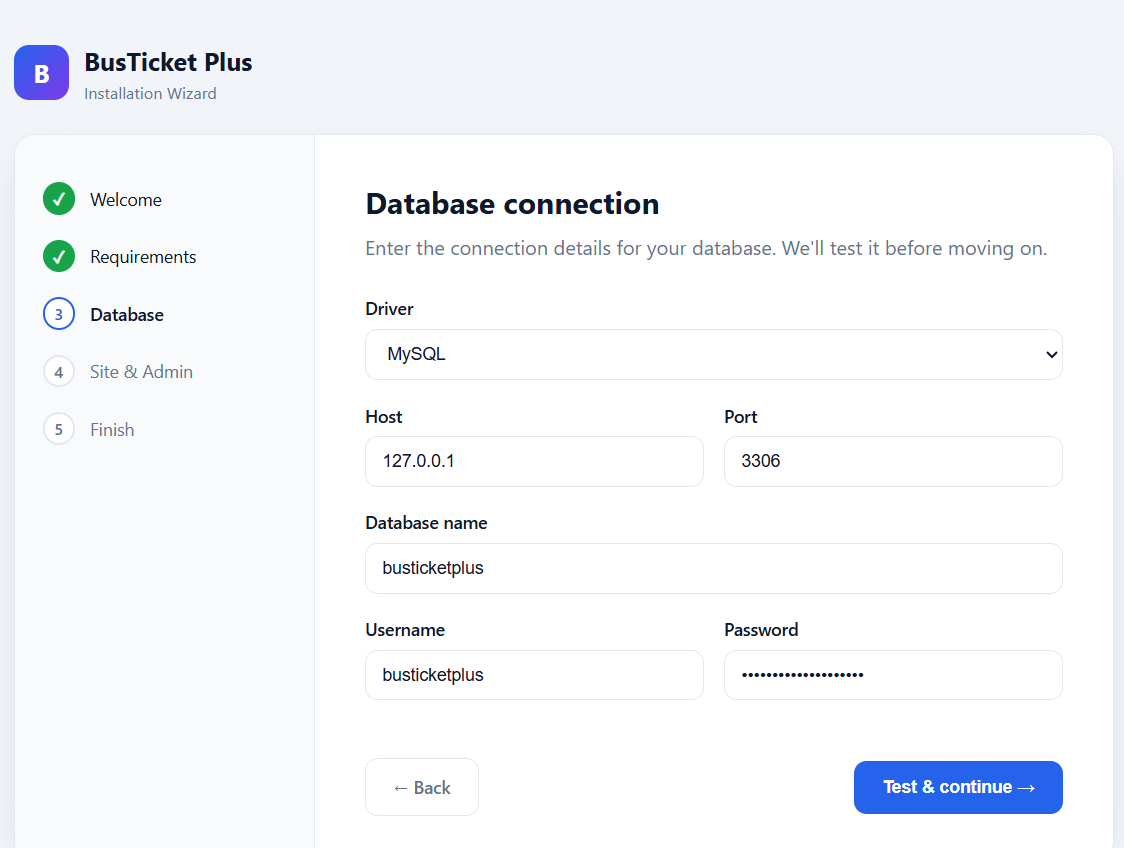 Database connection step in the installer