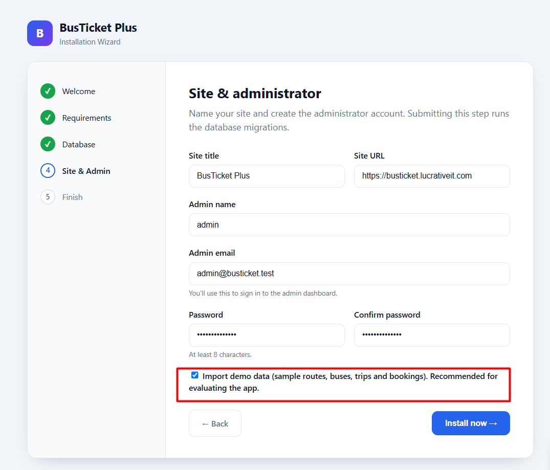 Site and administrator setup with demo data option