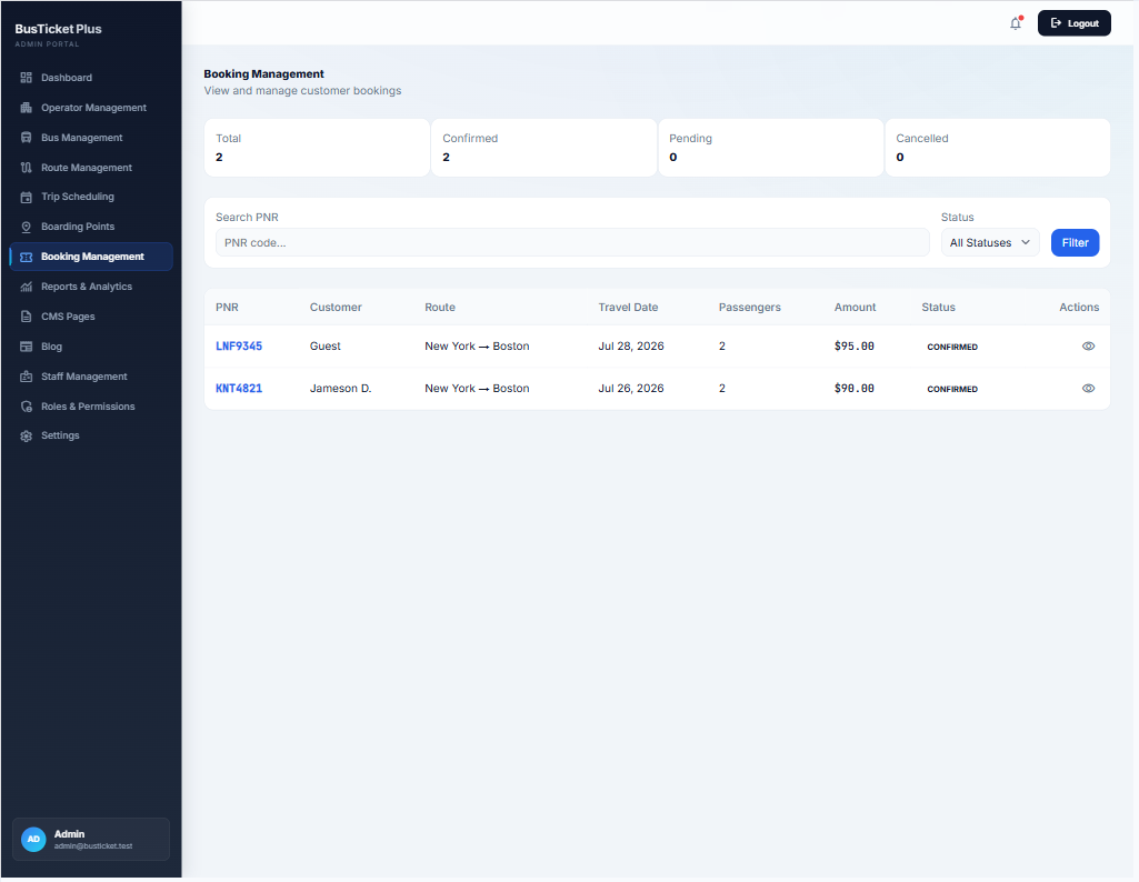 Booking management admin list