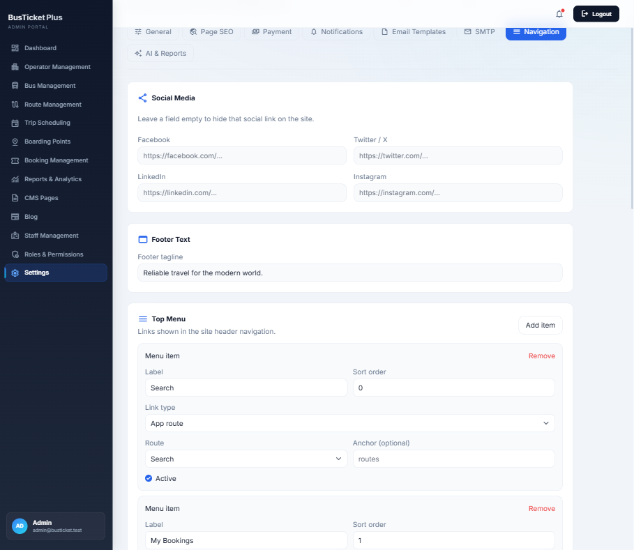 Navigation and social media settings