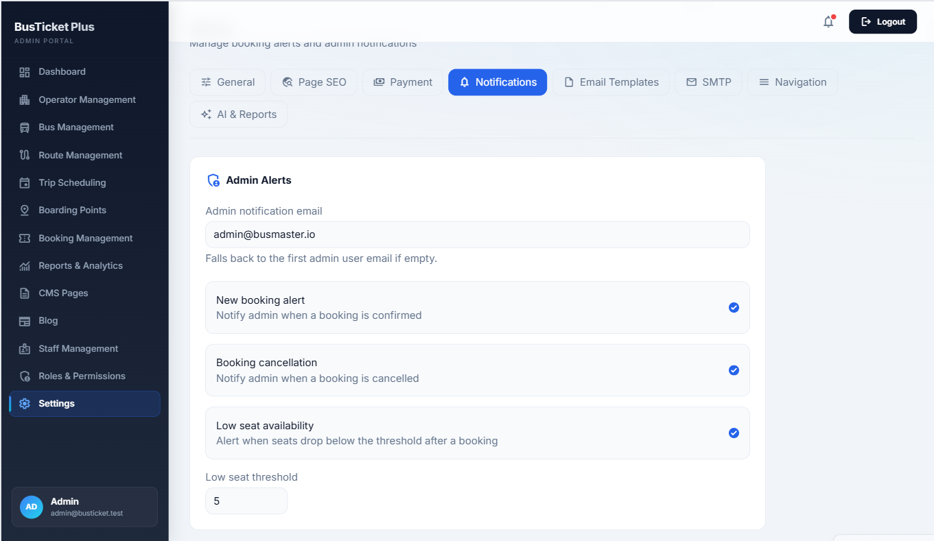 Notification and admin alert settings