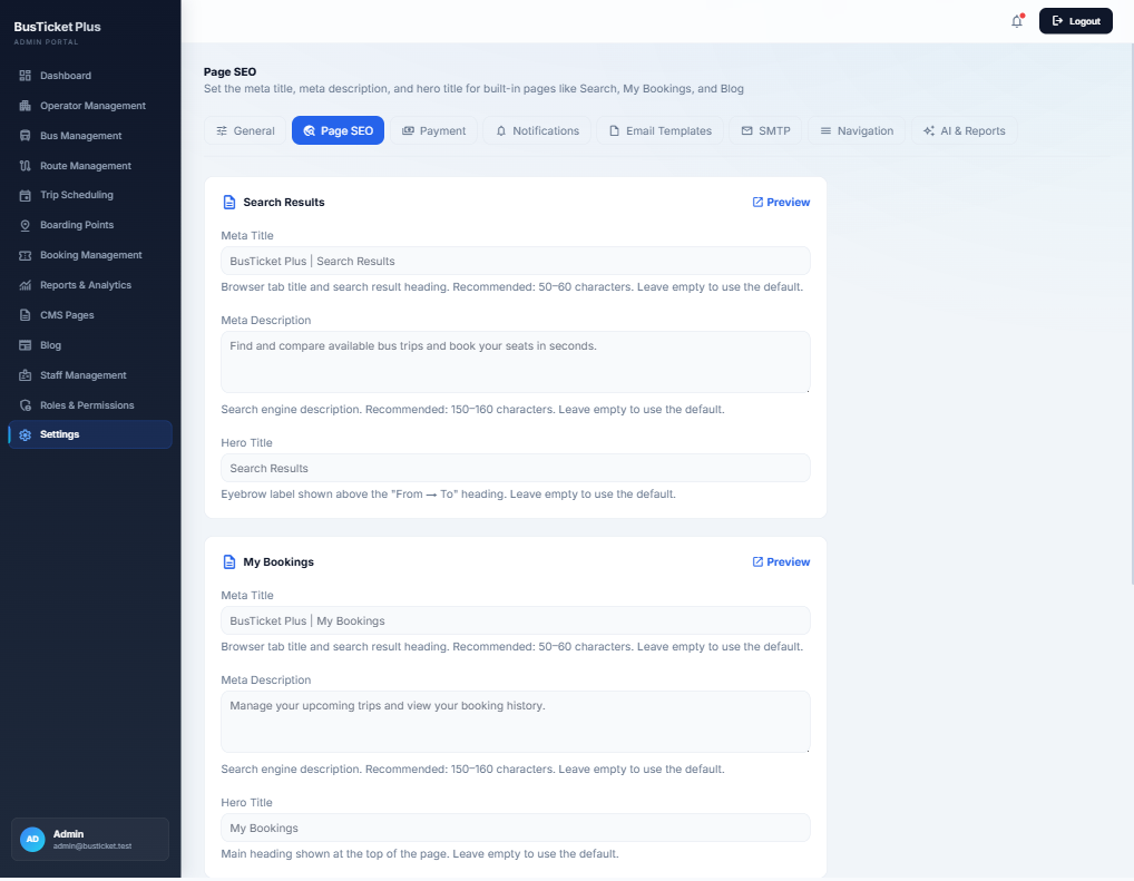 Page SEO settings for built-in pages
