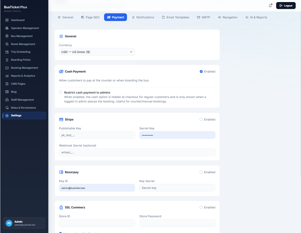 Payment gateway settings