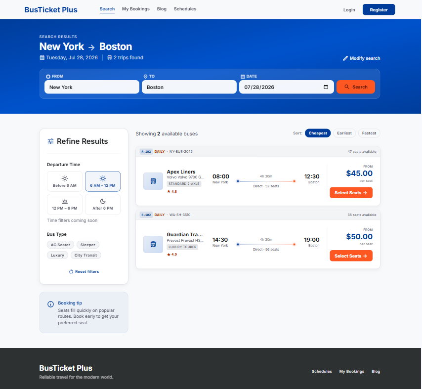 Bus search results with filters and trip cards