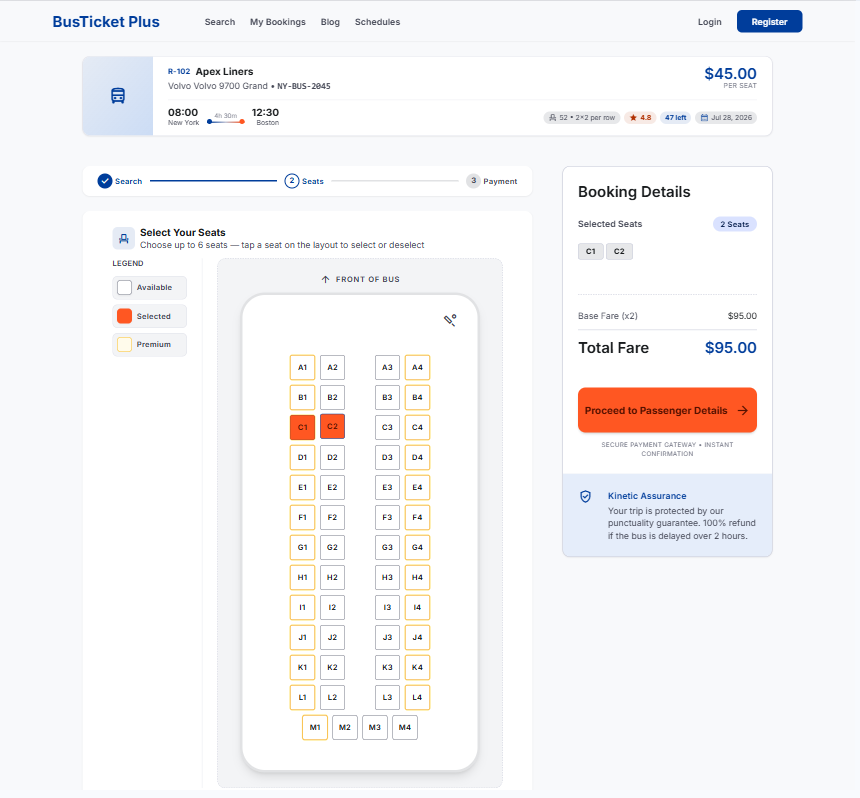 Interactive seat selection with booking details sidebar