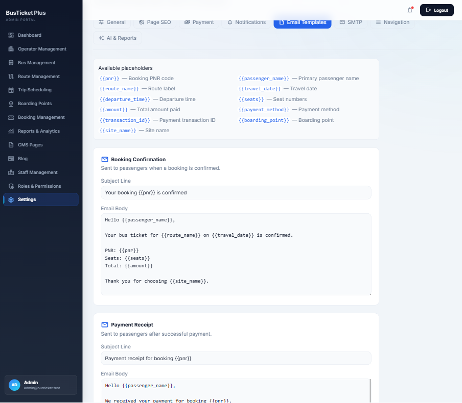 Email template editor with placeholders