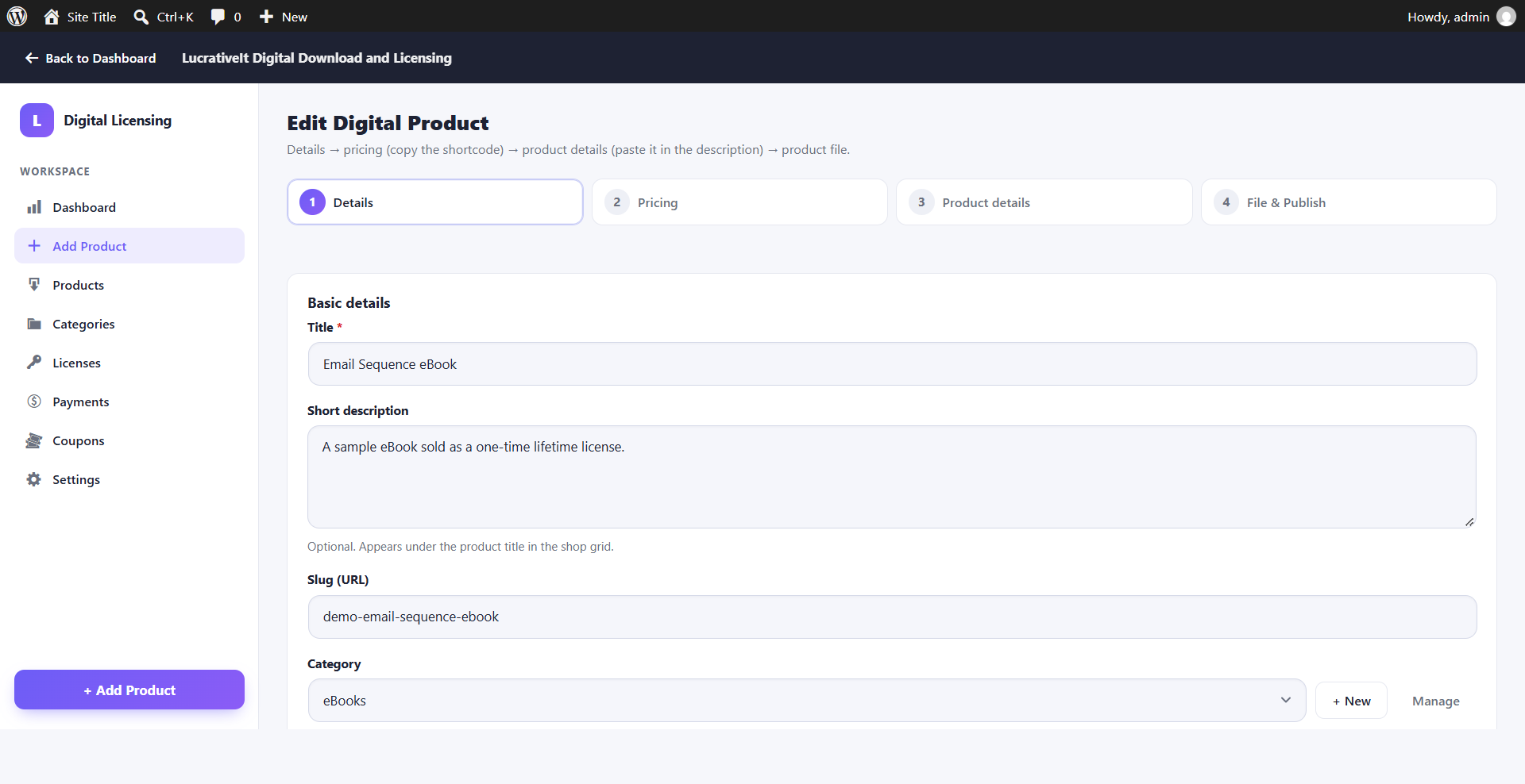 Add Product wizard step 1