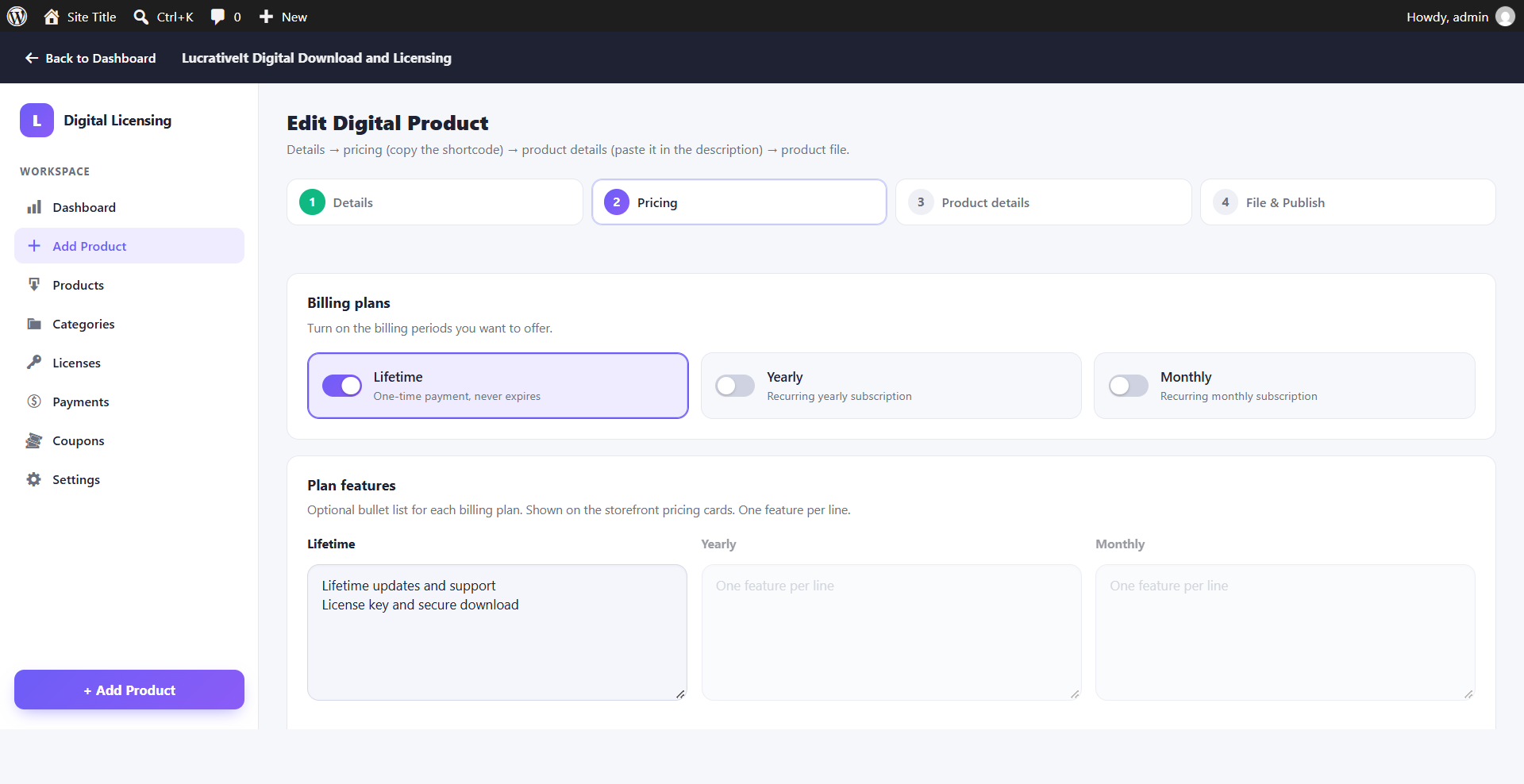 Add Product wizard step 2 pricing