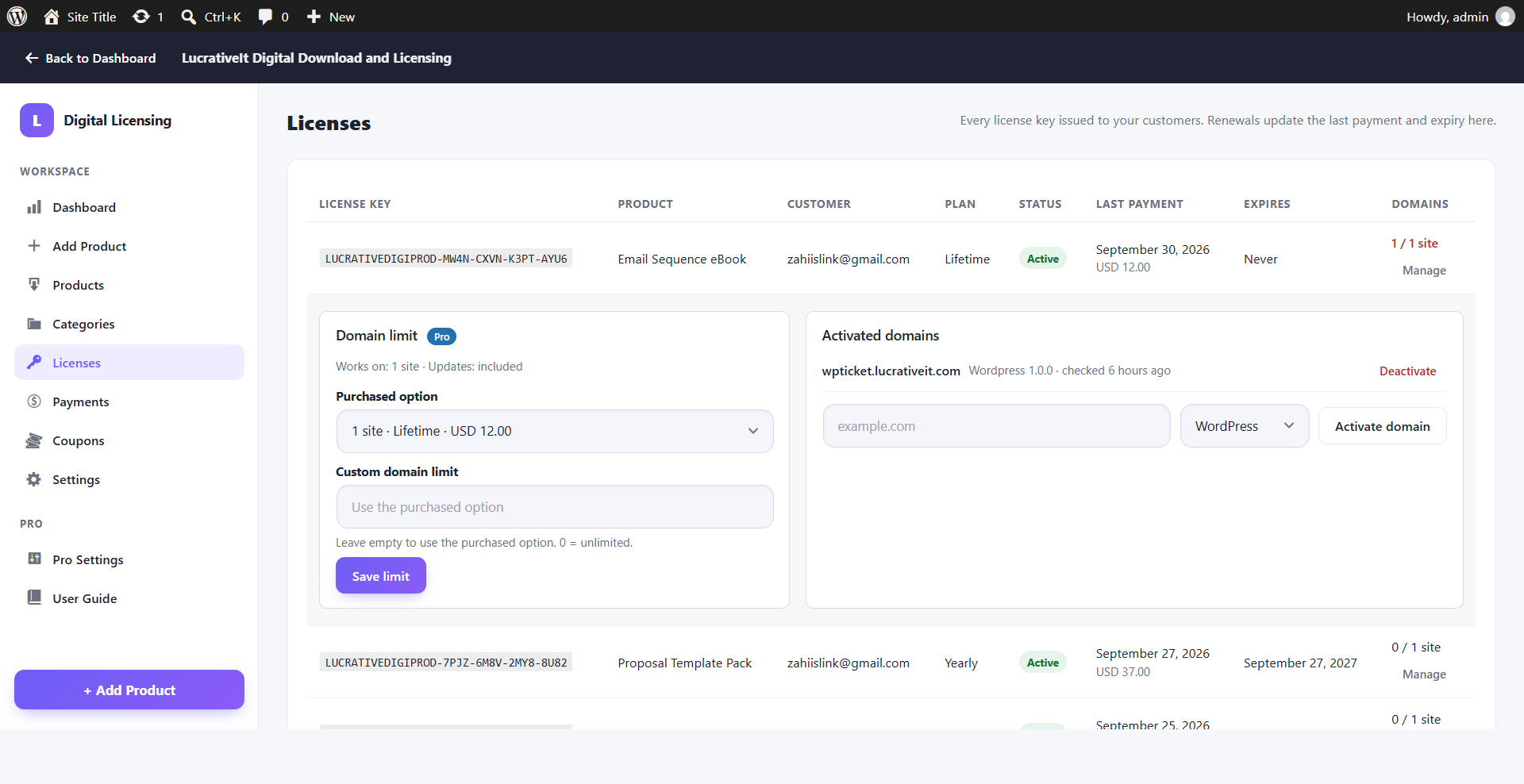 Licenses manage domains