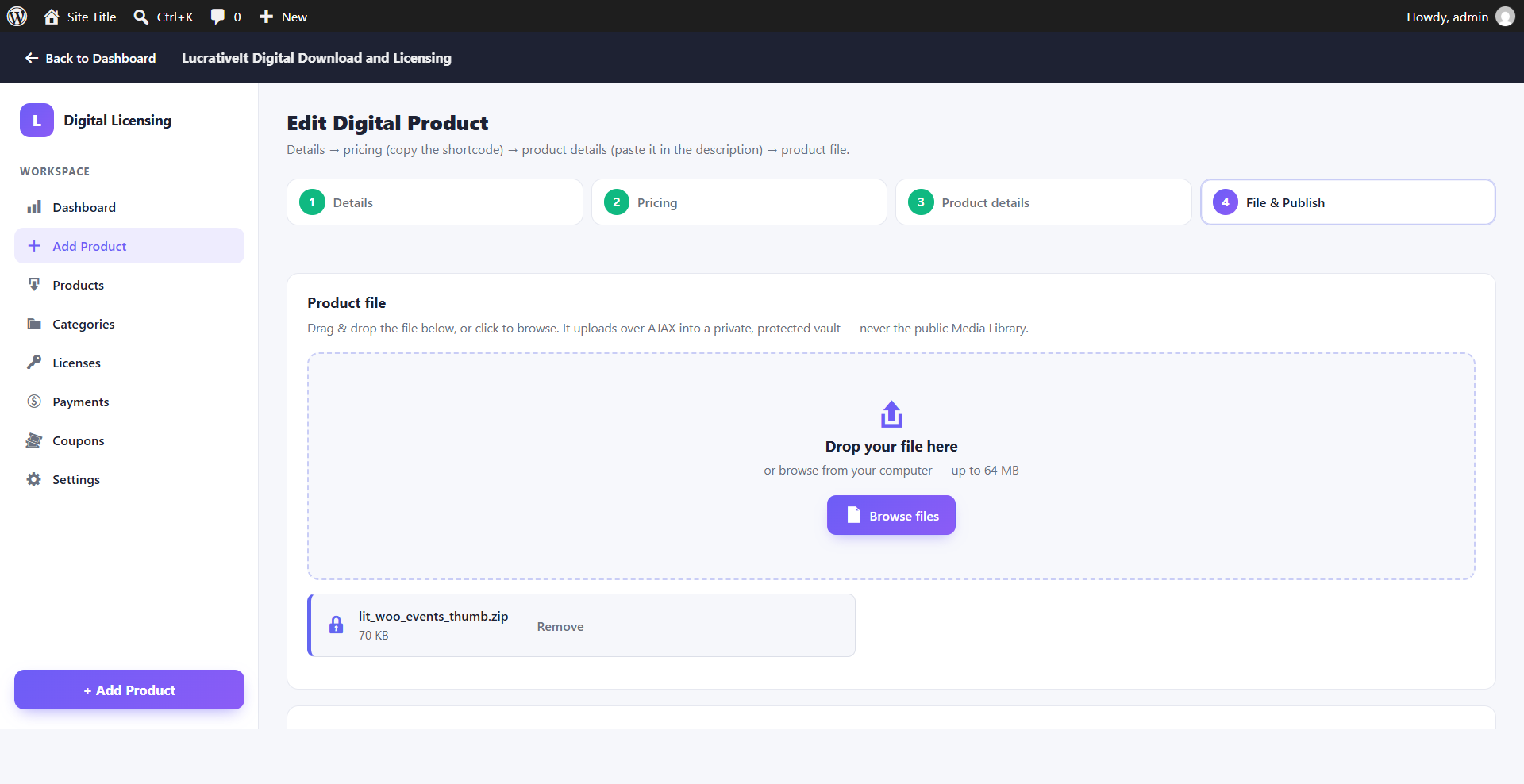 Add Product wizard step 4 file and version