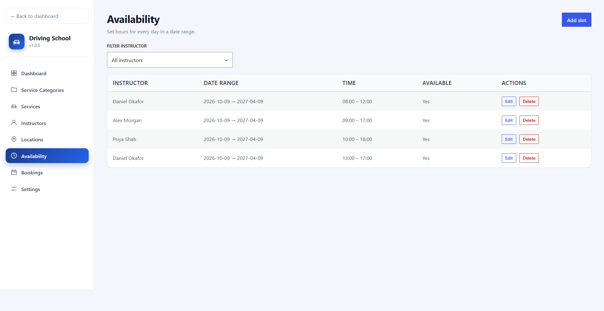 Instructor availability list