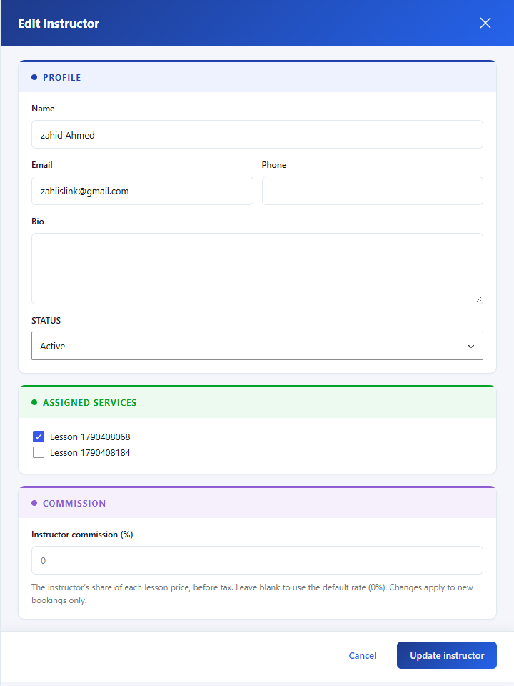 Commission rate on the instructor editor