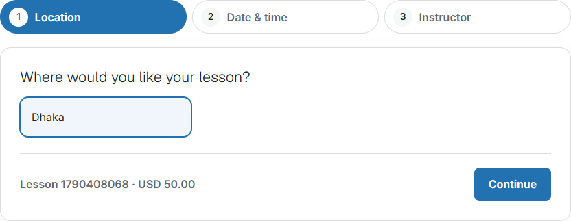 Booking wizard, location and lesson
