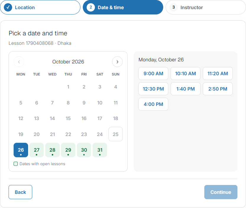 Booking wizard, date and time