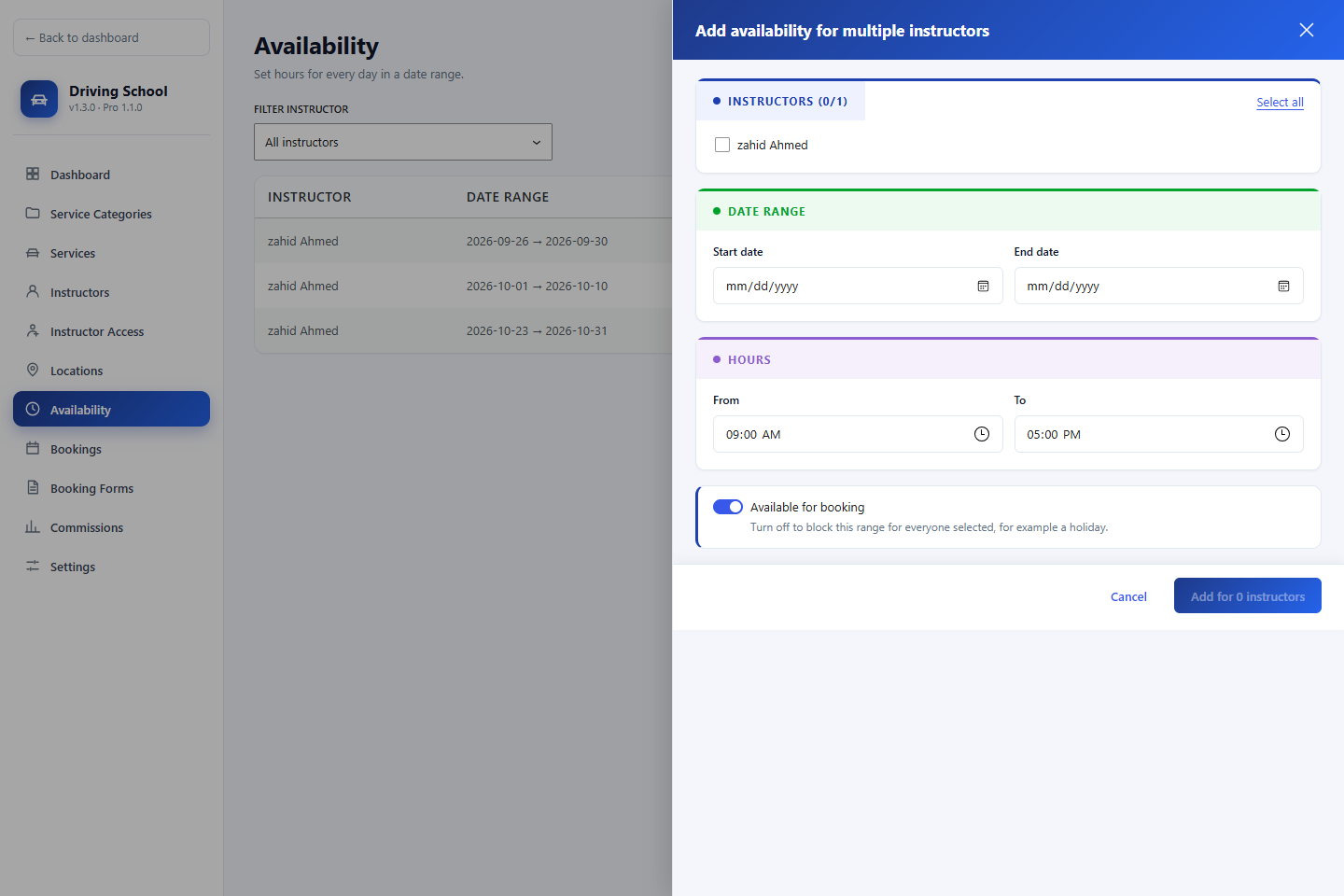 Add availability for multiple instructors