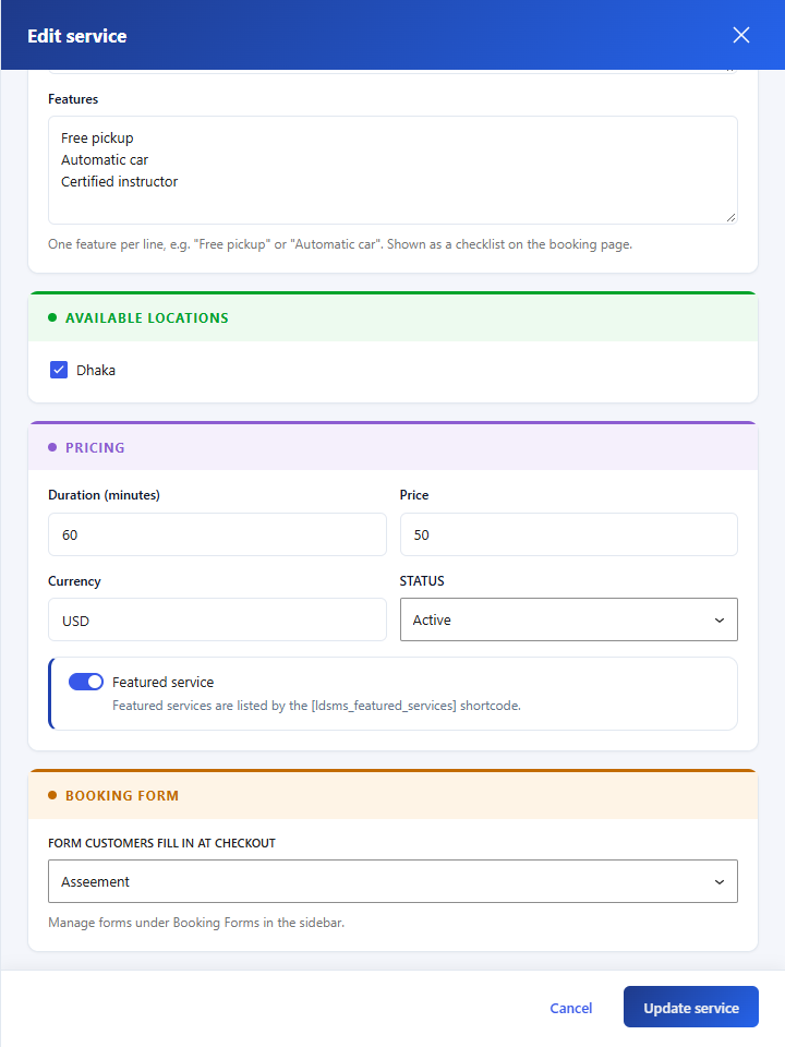 Booking form chosen on a service