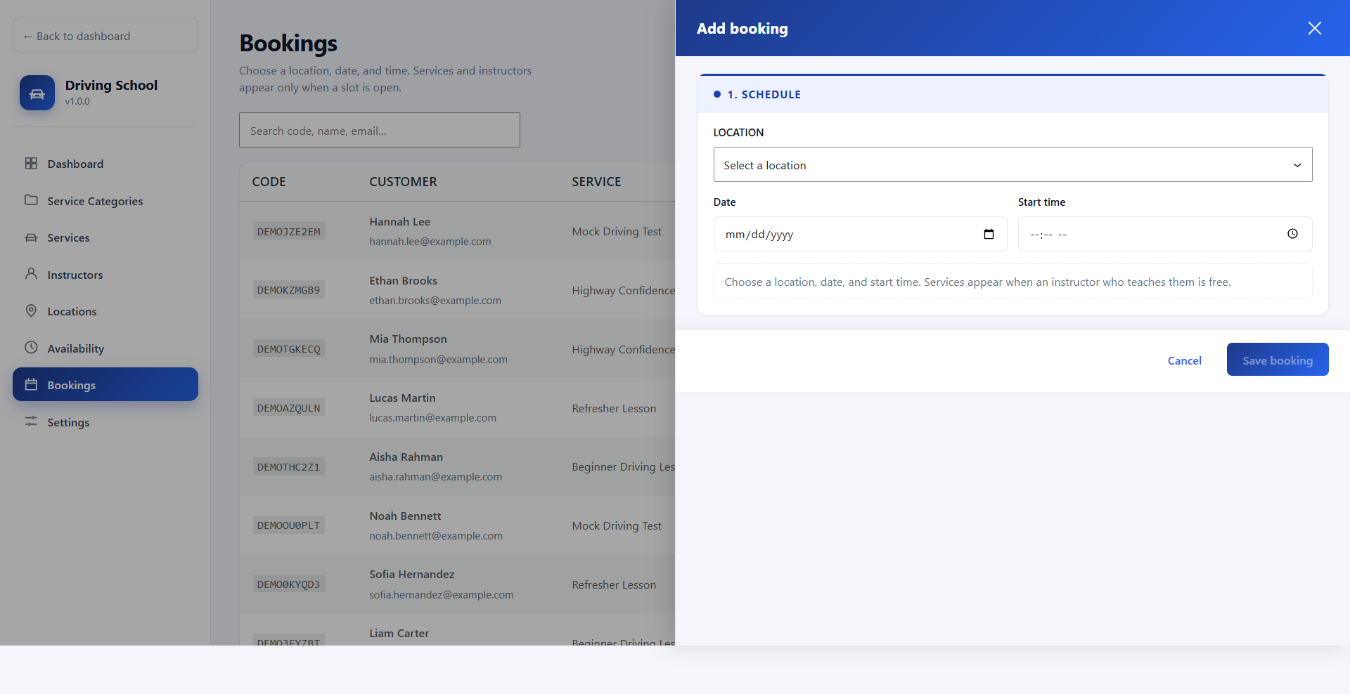 Add a booking for a phone or walk-in student