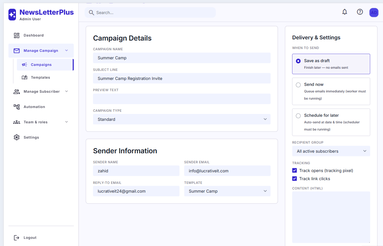 Create campaign form with name, subject, sender, and template