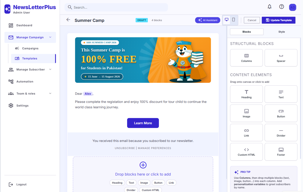 Visual email template builder with blocks and AI assistant