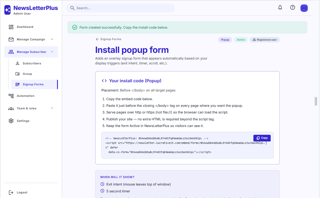 Install popup form with copy-paste embed script