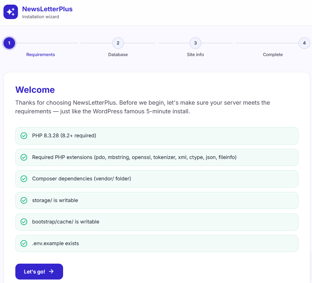 NewsLetterPlus installation wizard requirements check