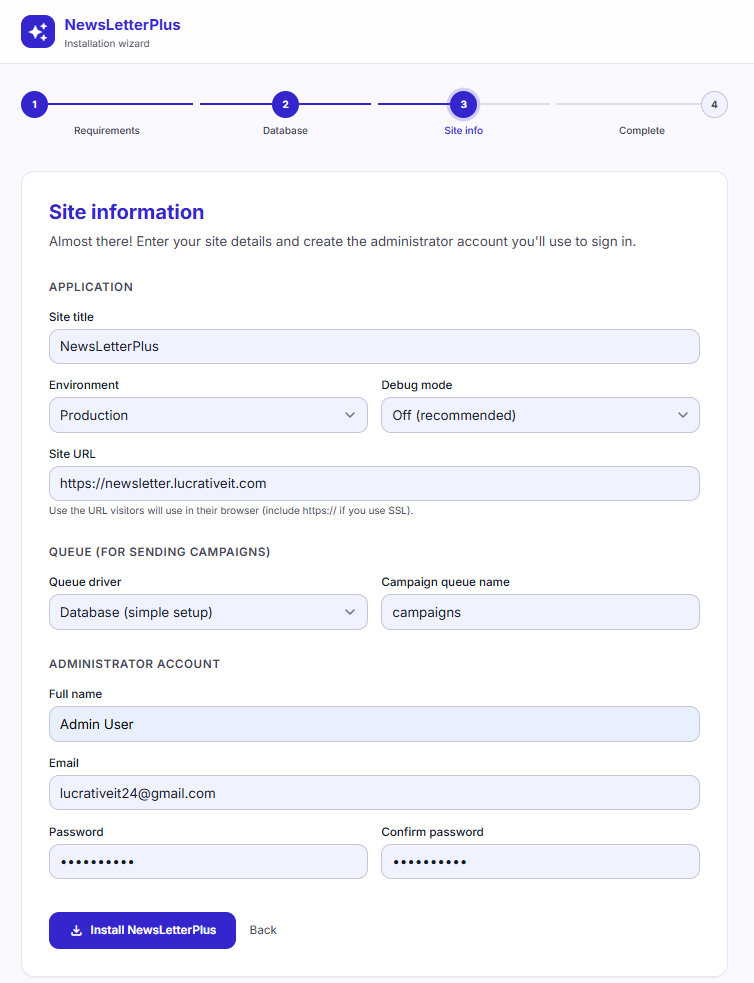 Site information and administrator account during installation