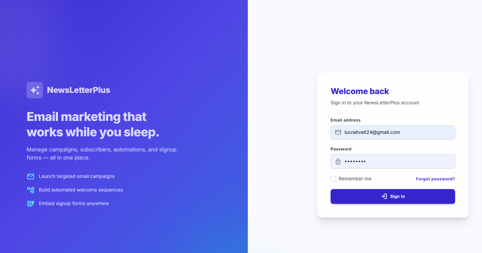 NewsLetterPlus sign-in screen
