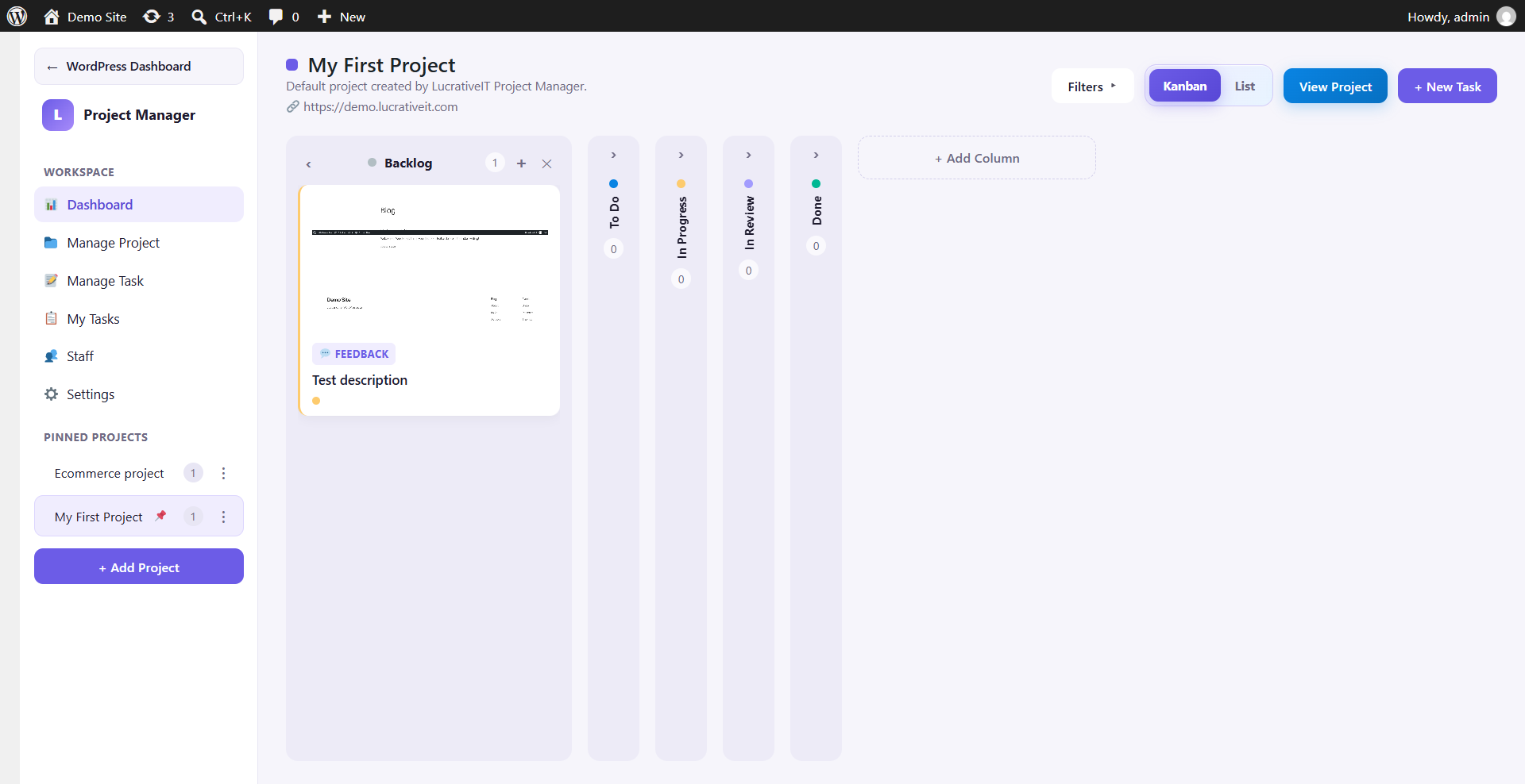 Kanban board showing a visitor feedback report as a task card
