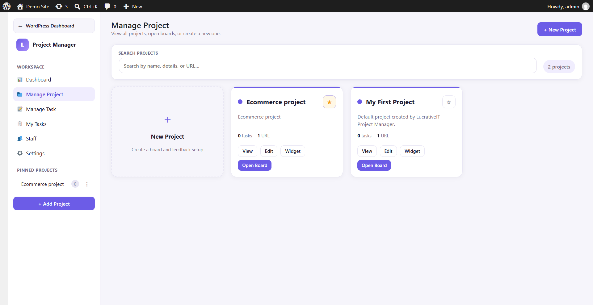 Manage Project grid listing all projects