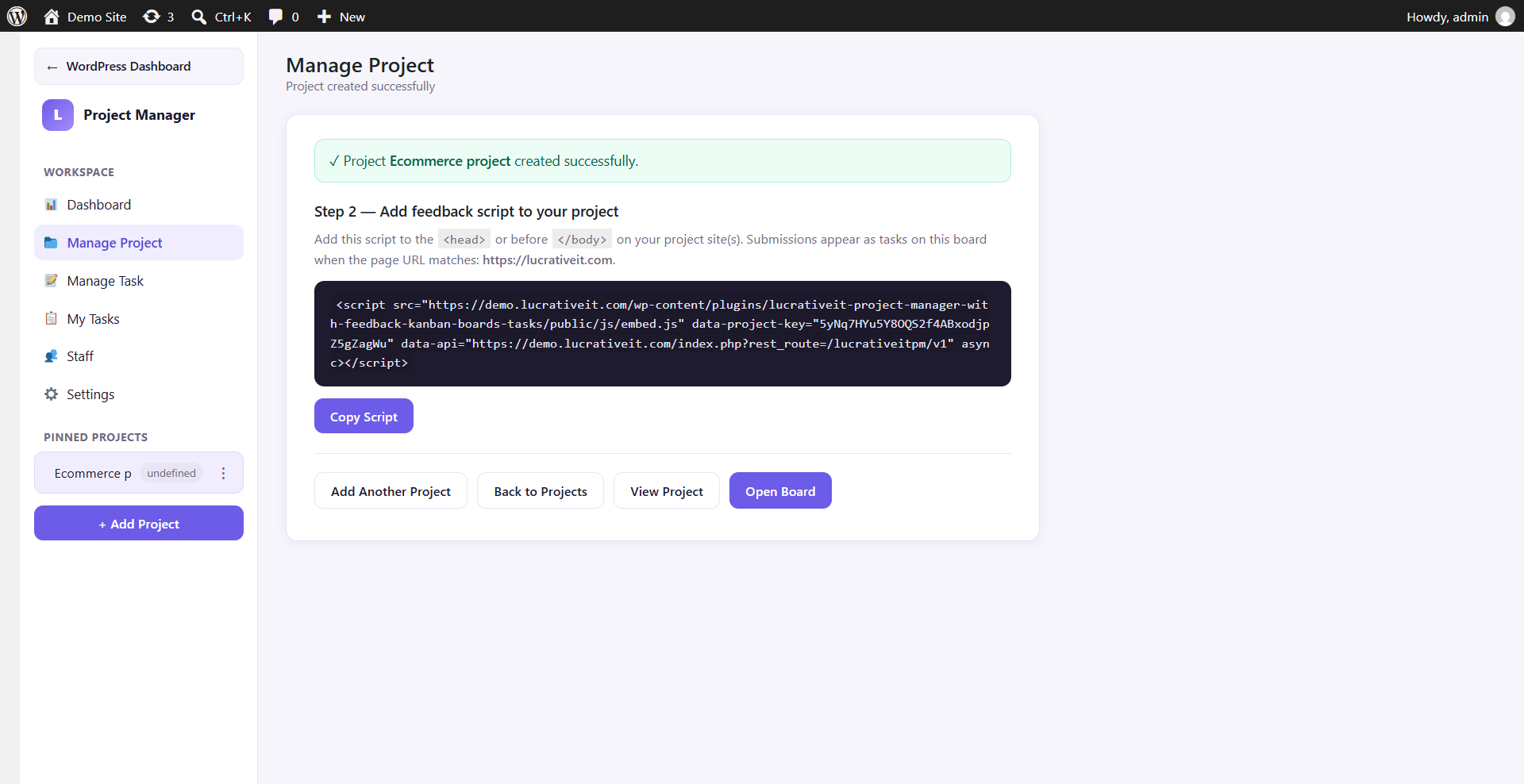 Copy feedback embed script after creating a project