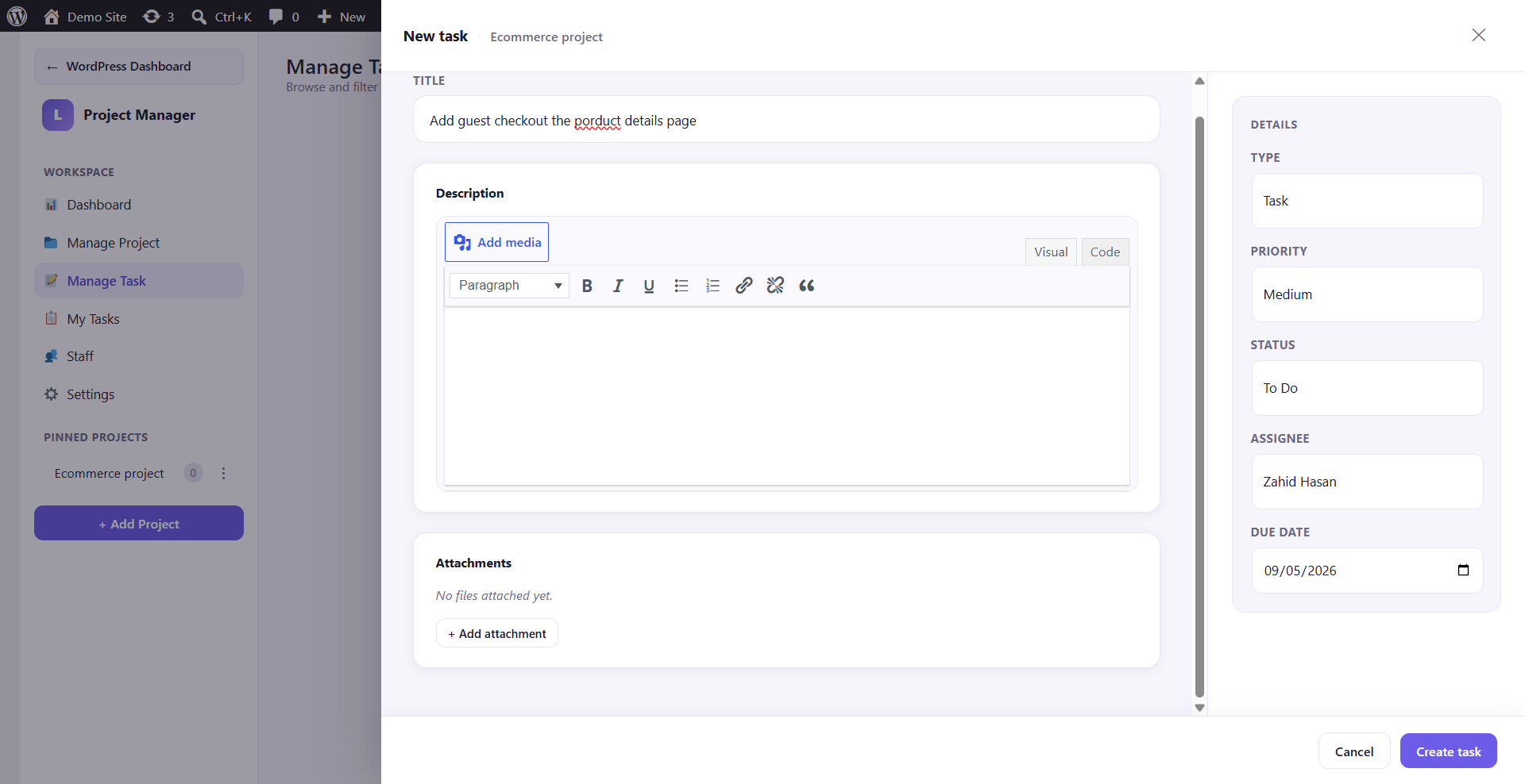 New task drawer with title, description, type, priority, status, assignee, and due date