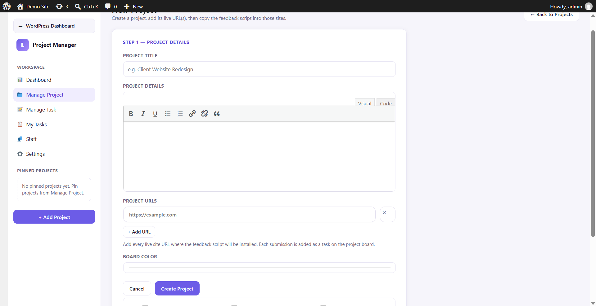 Step 1 project details form with title, description, and URLs