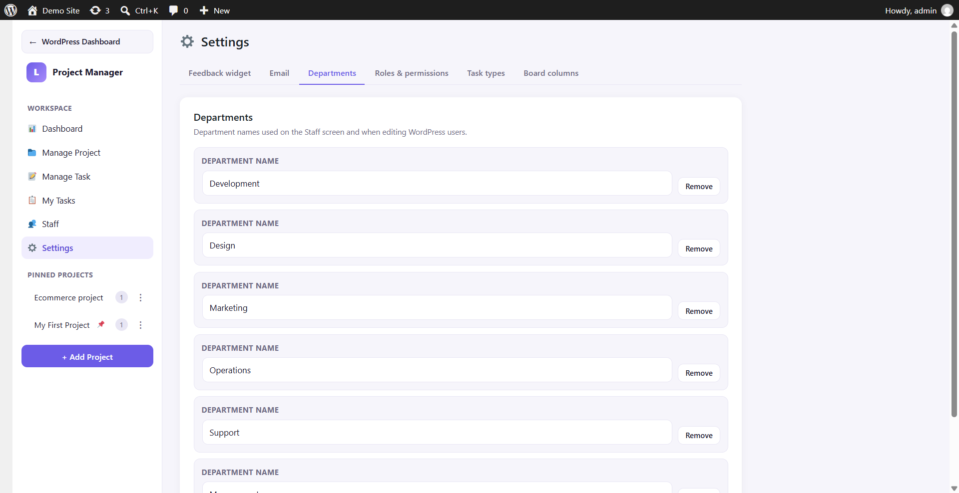 Departments settings list