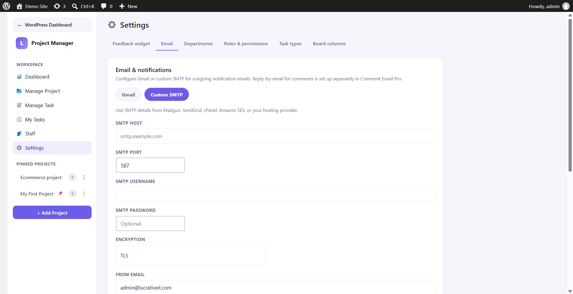 Email and SMTP notification settings