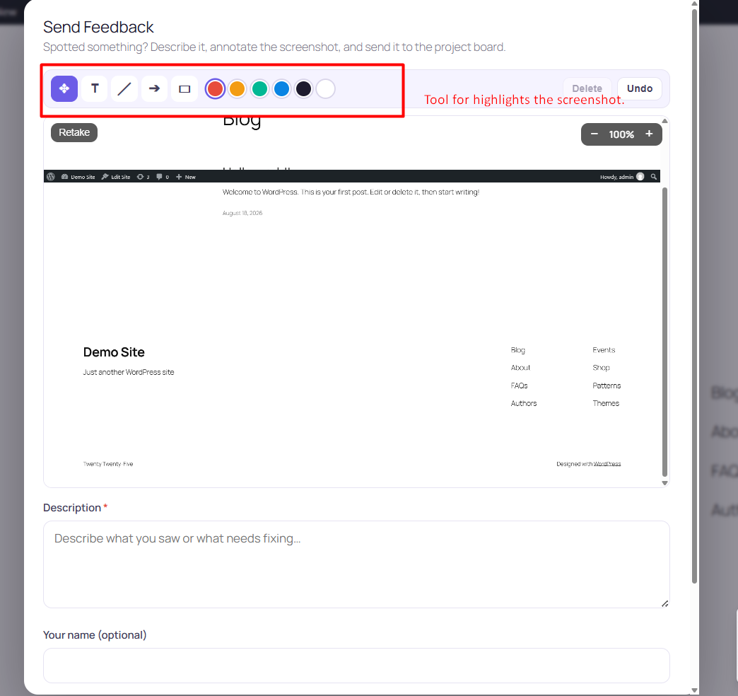 Send Feedback modal with screenshot annotation tools
