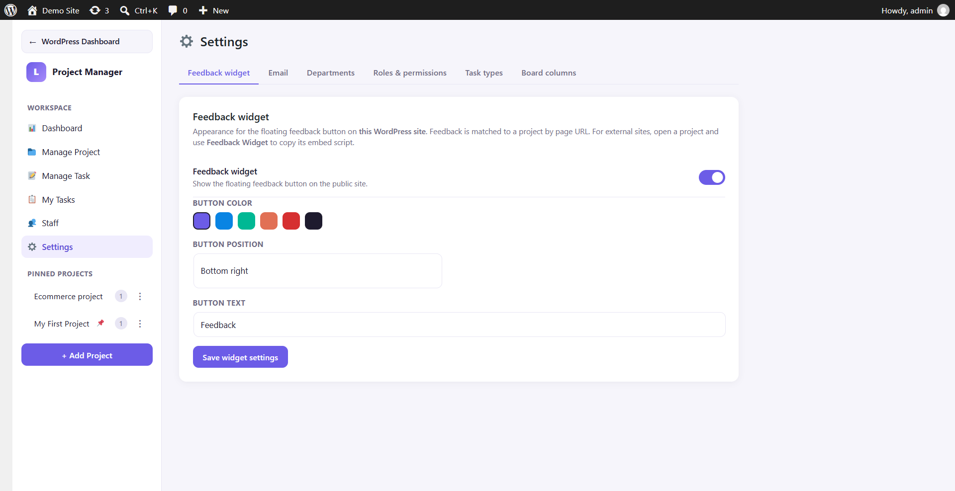 Feedback widget appearance settings