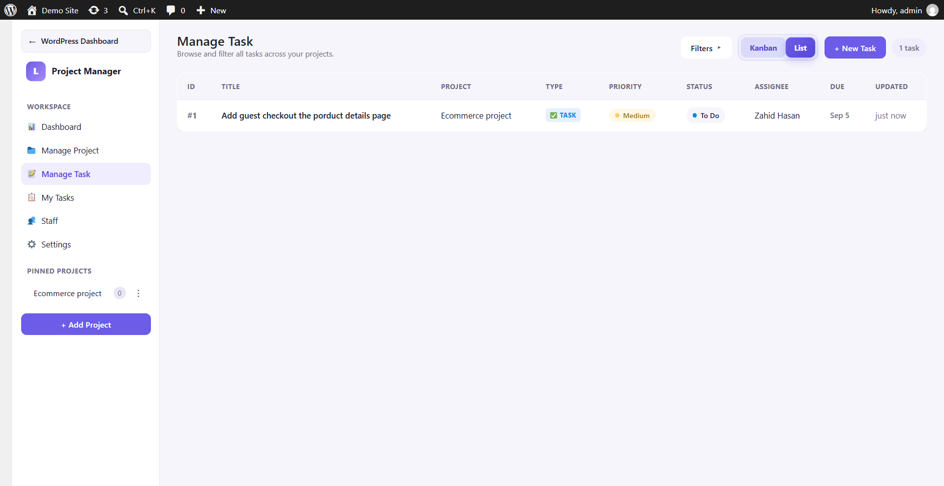 Manage Task list view with columns for ID, title, project, type, priority, status, assignee, and due date